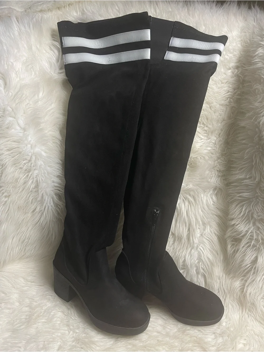 Lust For life Over-the-Knee Black Fabric Block Heel Boots white Stripes SZ9M